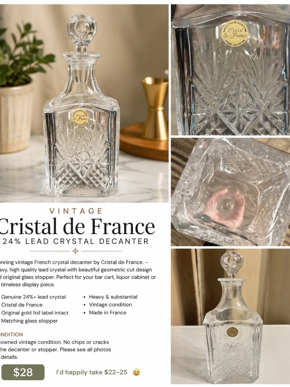 Cristal de France Vintage 24% Lead Decanter Clear Lead Crystal